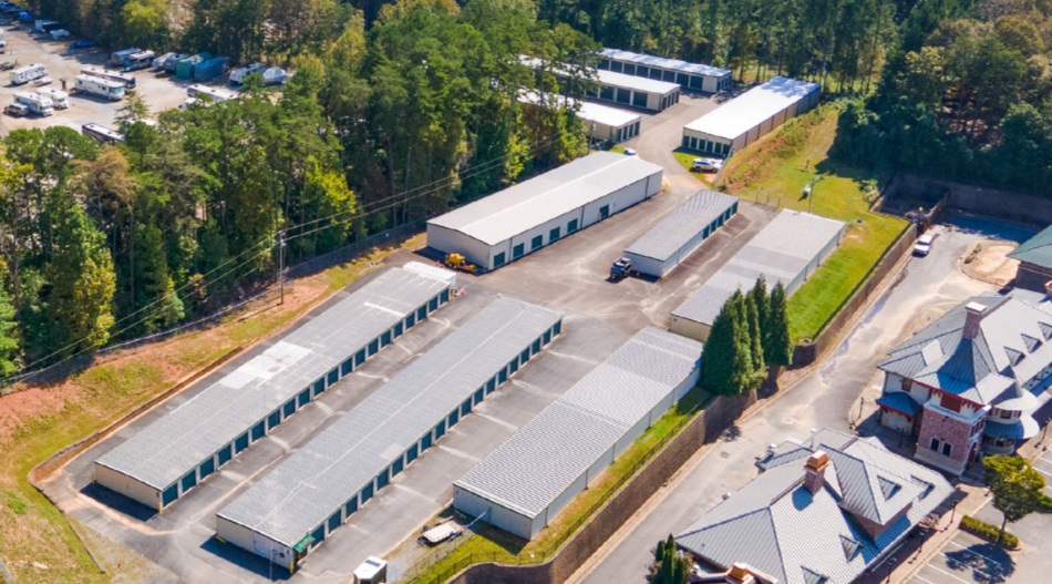 Aerial drone view of Eagle Guard Storage in Marble Hill, Georgia featuring self storage, climate-controlled units, and enclosed RV and boat storage near Big Canoe.